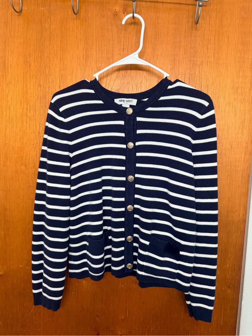 Nine West Navy and White Striped Button-Up Cardigan
